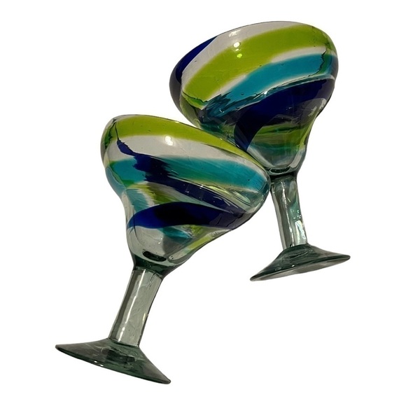 HAND blown chunky margarita glasses clear/blue turquoise lime swirl 7” tall. - Picture 6 of 7